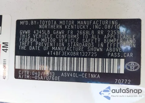 2011 Toyota Camry Le z USA, uszkodzony, nr VIN 4T4BF3EK0BR132725